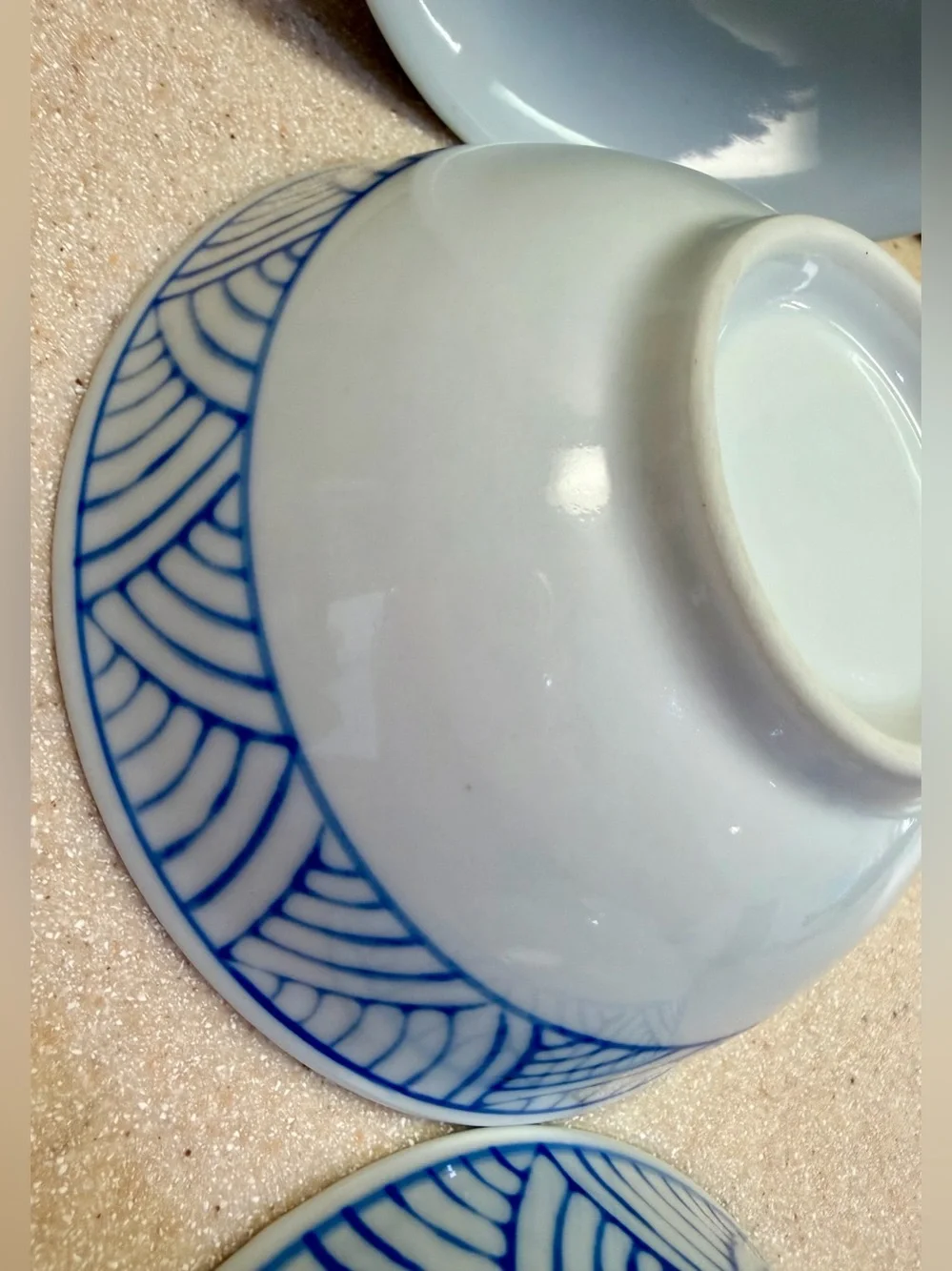 Blue Wave Geometric Pattern Porcelain Serving Rice Bowls - Set of 3 White w/Blue